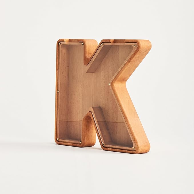 Personalized Wooden Piggy Bank – Custom Letter K Coin Bank in Beech Wood with Clear Acrylic Front, Engraved Name Option, Money Saving Box for Kids and Adults