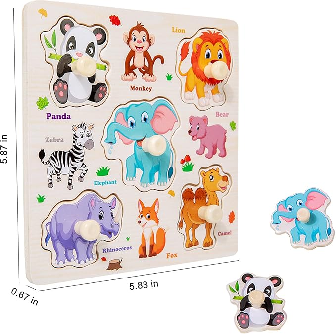 Wooden Puzzle for Toddler 1-3, 8Pcs Peg Puzzles for Toddler 2-4, Learning Puzzles Set, Wooden Puzzles Peg-Animals, Dinosaur, Fruits, Vegetable, Insect Great Preschool Gifts for Girls Boys
