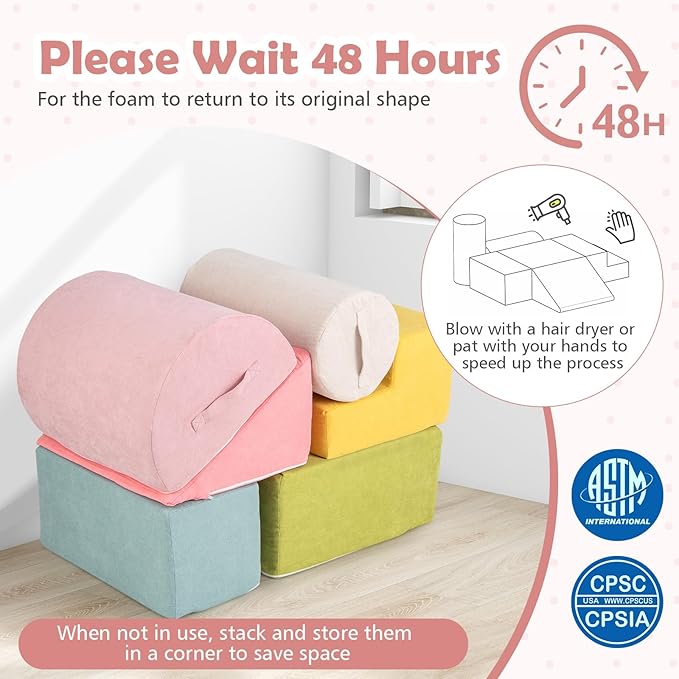 Costzon Toddler Climbing Toys Indoor, 6 Pieces Foam Climbing Blocks for Baby Inside with Skin-Friendly Chenille Fabric, 30D High-Density Foam & Carrying Handles, Soft Play Climbing for Toddlers (Pink)