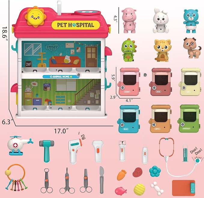 Pet Vet Toys Doctor Kit for Kids, Hospital Pretend Play Set Vet Clinic Toys with Light and Sound, Pet Care Playset Animal Grooming Toys Gifts for Girls Boys, Ages 3 and Up