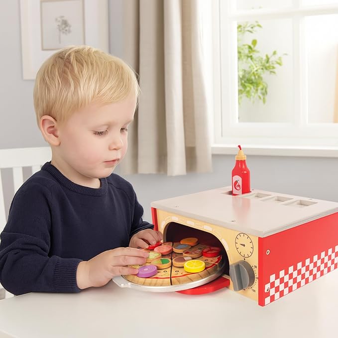 Wooden Pizza Toy for Kids, Pretend Play Food for Ages 3+, Educational Learning Toy Wooden Playset with Bake Oven, Christmas Birthday Gift for Boys Girls