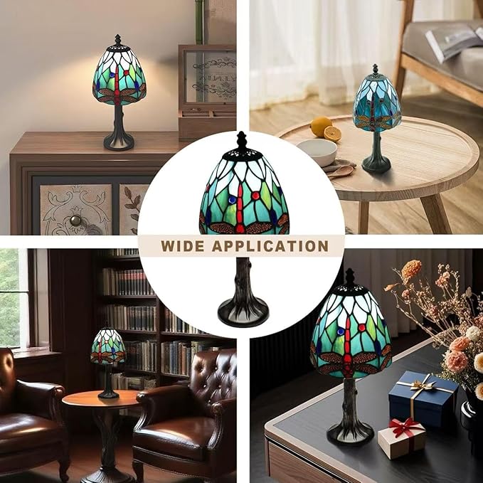 Stained Glass Dragonfly Design Table or Desk Light, Tiffany Style mini Table Lamp-, LED Bulb Included-Vintage Look Colorful Accent Decor