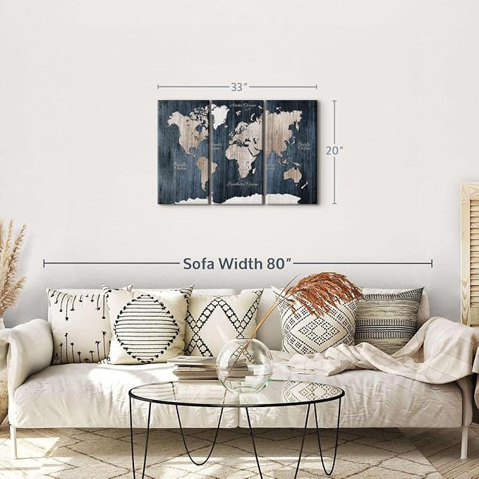 ElephantStock Aged Blue World Map I Canvas - 3 Panel Wall Decor - World Map Digital Art - Blue Wall Art - 33" X 20"
