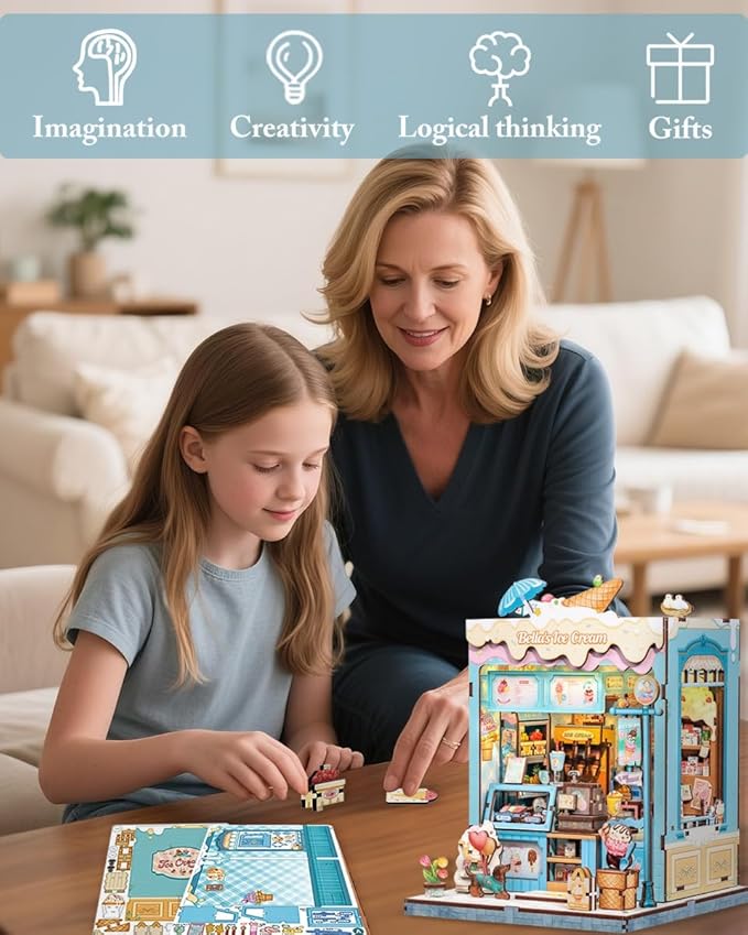 Cutefun Book Nook Kit - DIY Miniature Dollhouse Kit for Adults and Teens, Ice Cream Shop Mini House Building Kit with LED Bookshelf Insert Decor Creative Gifts (Bella's Ice Cream)