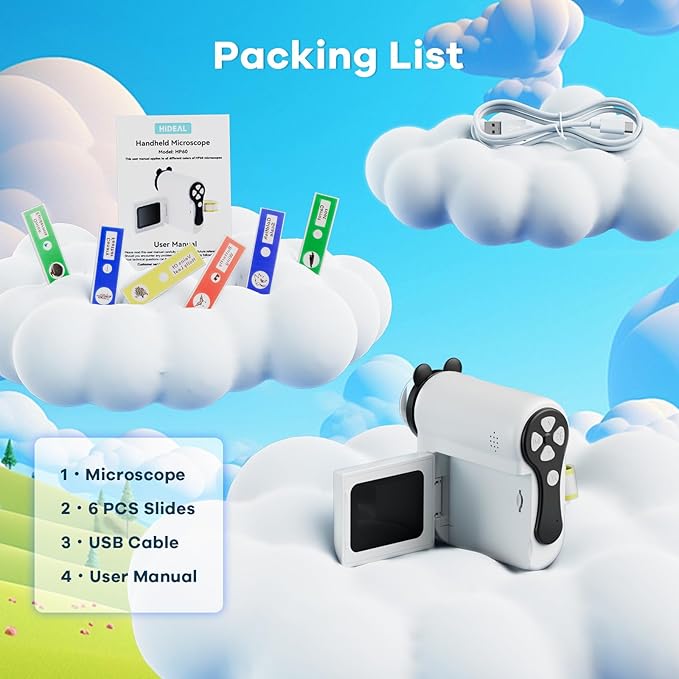 HP60 IPS Microscope for Kids: [Auto On & Off] [3-in-1] 2" Portable Handheld Microscope Miniscope, Pocket Mini Scope Educational Science Kit, Christmas Birthday Gifts for Kids, PC View, White
