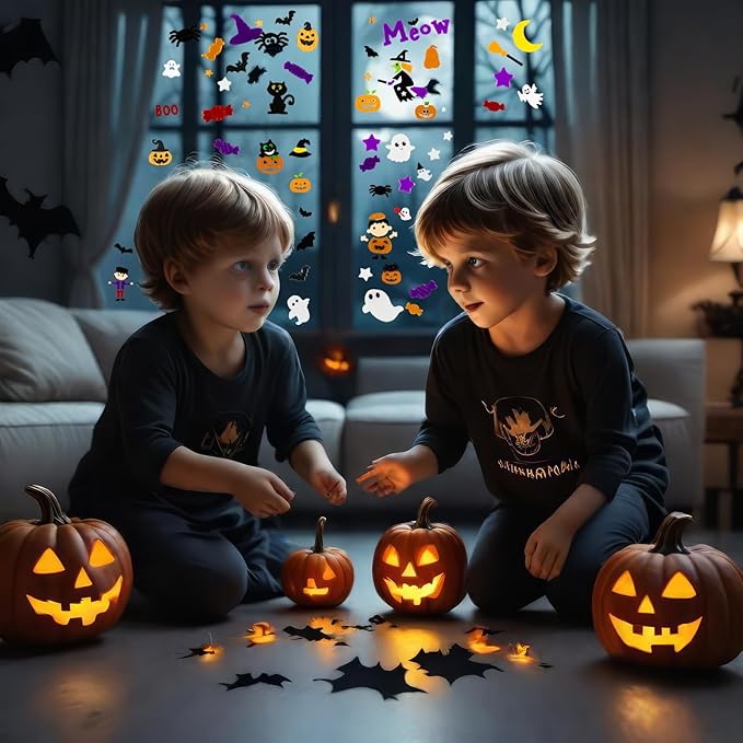 5 Pcs Halloween Window Clings Gel Reusable Static Window Decorations for Office, Classroom, Fridge, Holiday Window Stickers, Vibrant Fall Decor