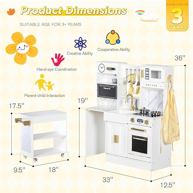 Kids Play Kitchen with Removable Cart, Wooden Toddler Kitchen Playset with Oven, Stove, Sink, Coffee Maker, Pretend Play Toy Kitchen Set for Children Boys Girls Ages 3