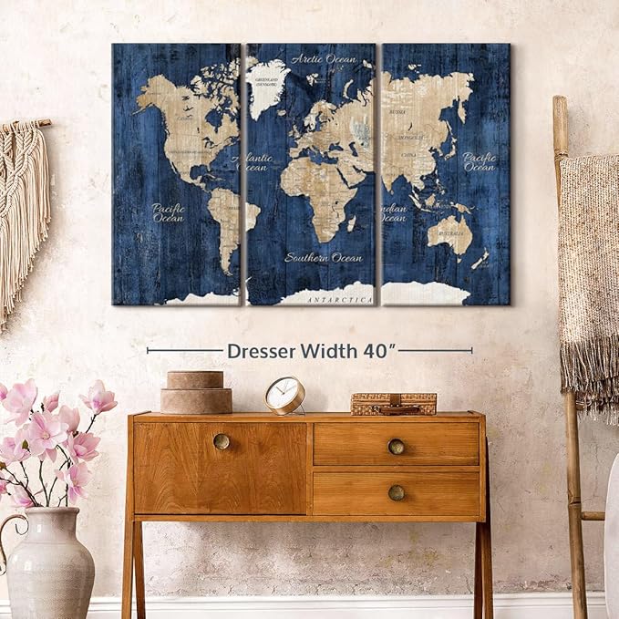 ElephantStock Aged Blue World Map II Canvas - 3 Panel Wall Decor - World Map Digital Art - Blue Wall Art - 50" X 32"