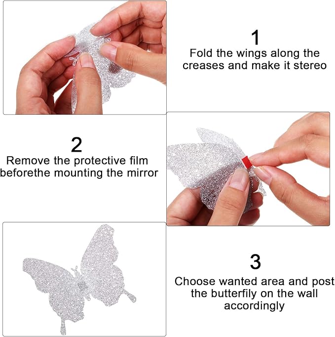 BBTO 48 Pieces Butterfly Wall Decor DIY Mirror 3D Butterfly Stickers Removable Decals for Home Bedroom School Bathroom Living Room Decor(Glitter Silver)
