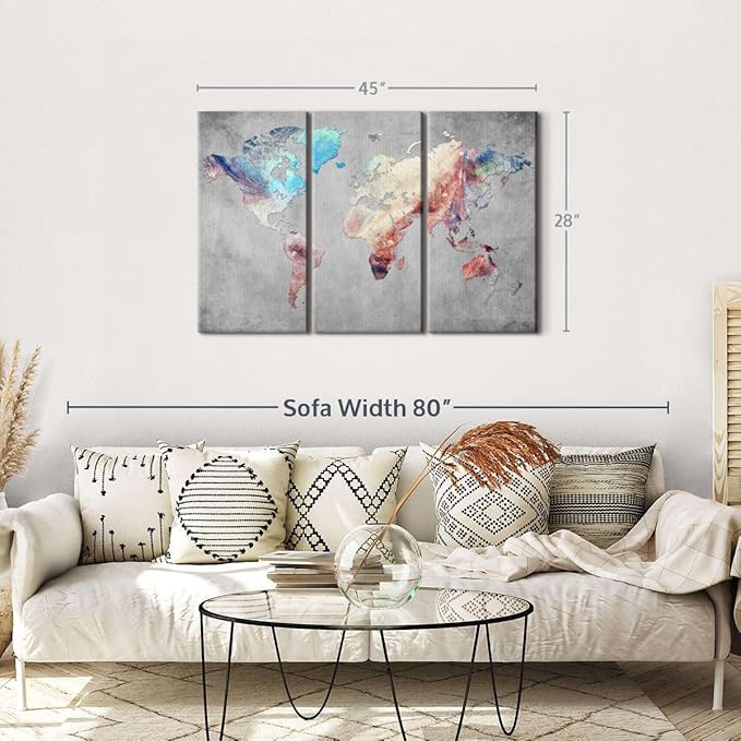 ElephantStock Artistic Touch World Map Multi Piece Canvas - 3 Panel Wall Decor - Map of the World Art - Canvas for the Office and Home - 45" X 28"
