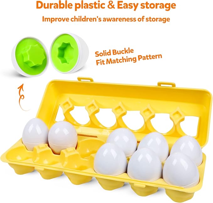 Montessori Geometric Eggs,12 pcs Set Color & Shape Egg Puzzle Toys Matching Eggs for Toddlers 1-3,Preschool Educational Sorting Game Fine Motor Toy Gifts for Kids Boys Girls