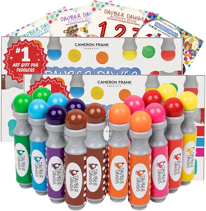 16 Washable Dauber Dawgs Dot Markers for Toddlers - Bingo Markers for Dot Art w/ PDF Activity Books, Dot Paints Washable for Kids, Bingo Dabbers Dotters & Dobbers, Holiday Gifts Daubers, Dot Painting