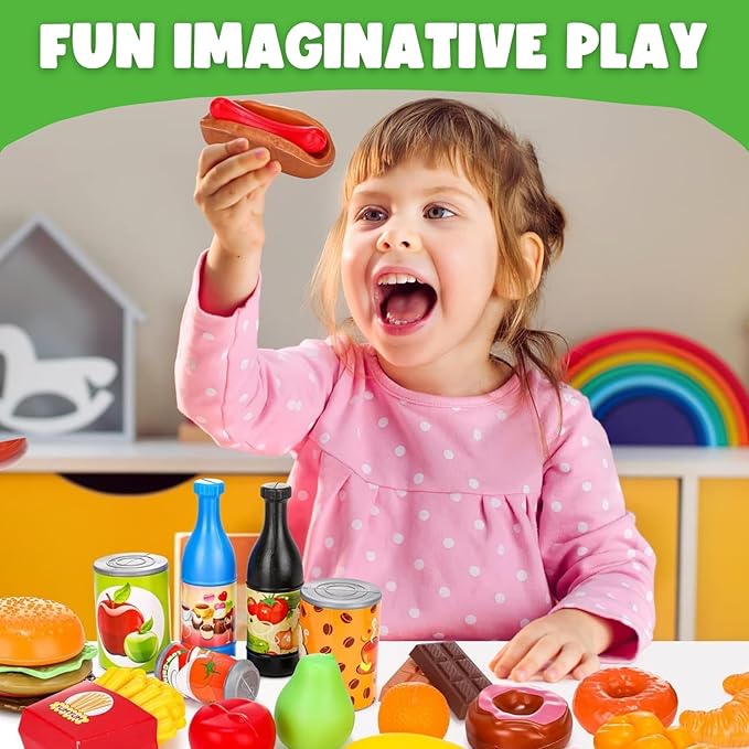 120 Piece Deluxe Pretend Play Food Toy Tasty Treats Plastic Cooking and Grocery Shopping Assortment Set