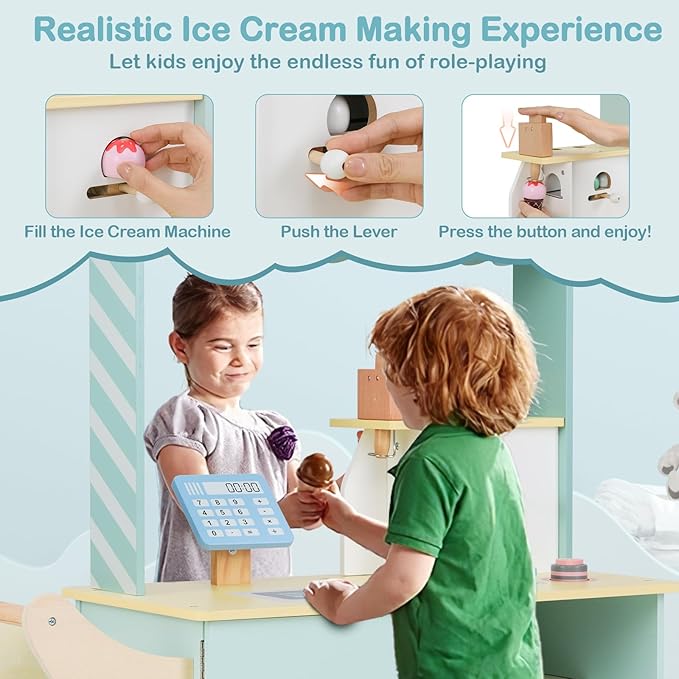 Costzon Ice Cream Cart, Wooden Grocery Store w/Vending Machine, Play Food, Display Rack & Shelves, Swivel Wheels, Push Handle, Ice Cream Truck, Market Stand Pretend Playset for Kids Ages 3+ (Green)