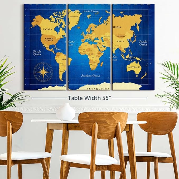 ElephantStock Yellow Longitude World Map Multi Piece Canvas - 3 Panel Wall Decor - Map of the World Art - Canvas for the Office and Home - 57" X 36"