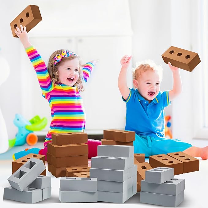 Zhanmai 50 Pack Foam Bricks Building Blocks for Kids Foam Cinder Blocks Large Fake Bricks Toy for Stacking and Construction 8 x 4 x 2.4 Inches(Square Round)