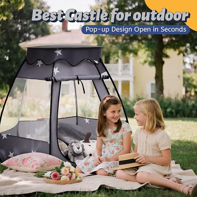 Pop Up Play Tent with Star Light：Neutral Toy for Boy Girl Birthday Gifts, Portable Ball Pit with Outdoor Carry Bag, Collapsible Kids Tent for Toddler Indoor Activity Playhouse,NO Balls(Black)