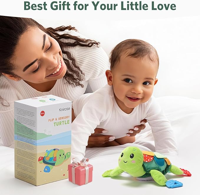 Turtle Baby Sensory Toy, Flip Scales & Multi-Textured Belly Montessori Activity Toy with Rattle Squeaker Teethers, Tummy Time/Crib/Stroller Toy,Educational Toy for 0-3 Years Newborn to Toddler