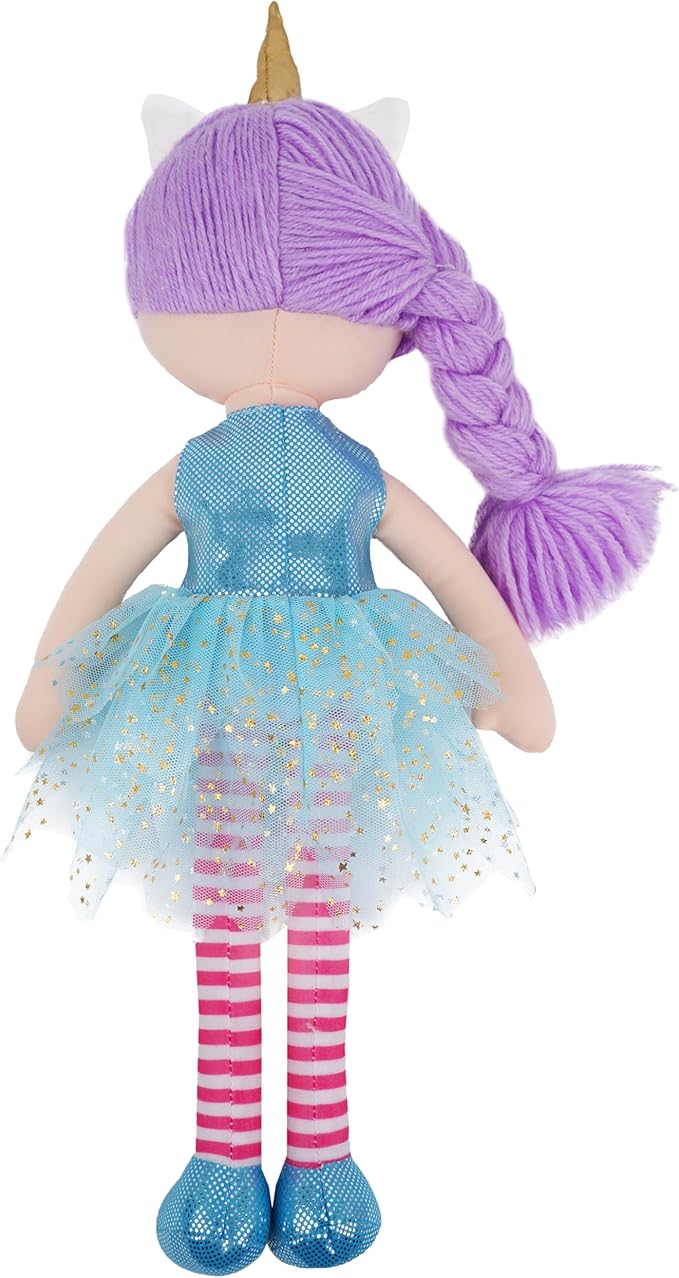 June Garden 16" Unicorn Doll Myra - Purple Hair Plush Rag Doll for Toddler Girls - Soft Companion Gift for 2+ Years - Blue Dress