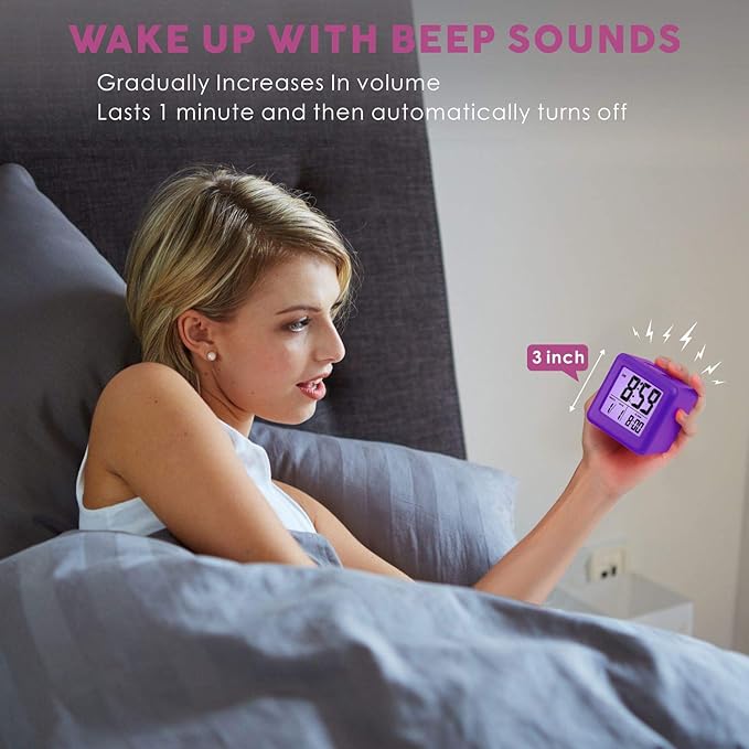 Plumeet Digital Alarm Clock for Kids with Snooze and Nightlight - Easy Setting Silicone Display Time, Date - Loud for Bedroom - Battery Powered (Purple)