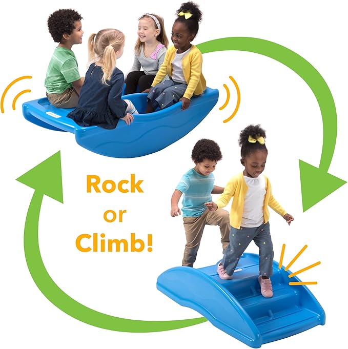 Simplay3 Two Sided Rock and Roll Teeter Totter Seesaw and Climbing Bridge, Fits up to Four Children and Kids for Rocking and Climbing - Indoor/Outdoor, Made in USA (Blue)