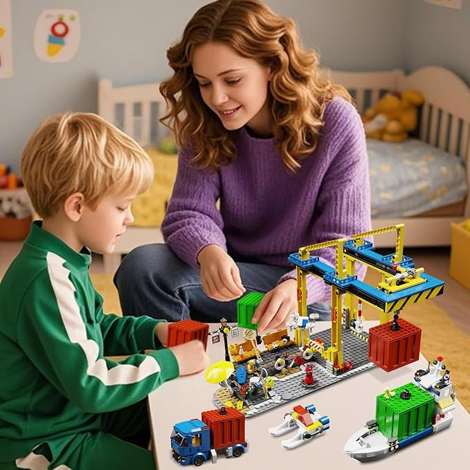City Seaside Harbor Building Set Compatible with Lego Cargo Ship Boat Toy, Container Crane and Truck, Construction Toy for for Adults Teens Kids Girls Boys 6+