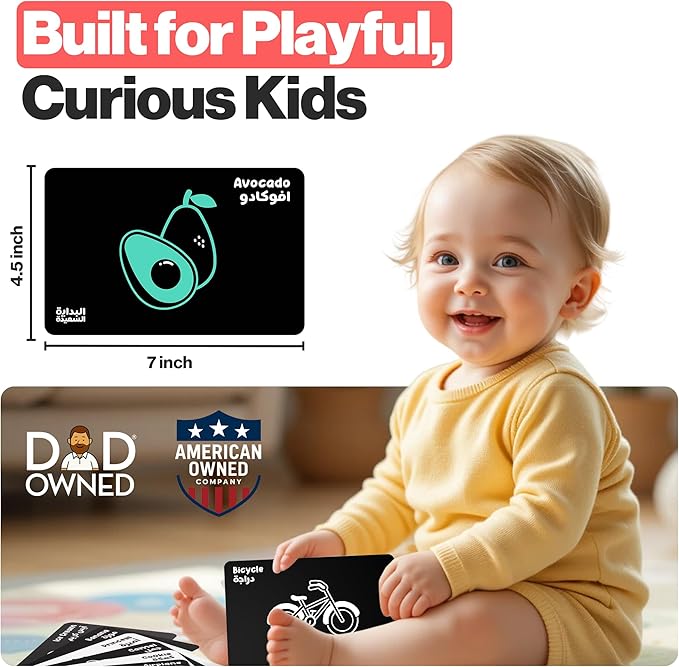 Happy Start High Contrast Baby Cards for Newborns - Black & White Cards, Water-Resistant, BPA-Free, Portable Educational Flashcards for Visual Stimulation, Award-Winning, Ages 0+ (English & Arabic)