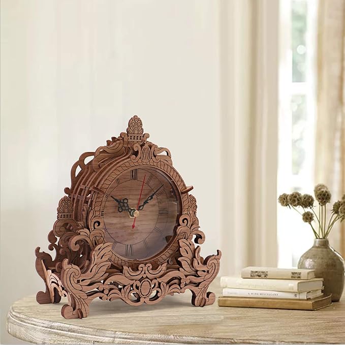 OWNONE1 Wooden 3D Puzzle Clock Model Kit for Adults, DIY Desk Clock, Dark Wooden 3D Puzzles, Crafts Gifts for Kids Children