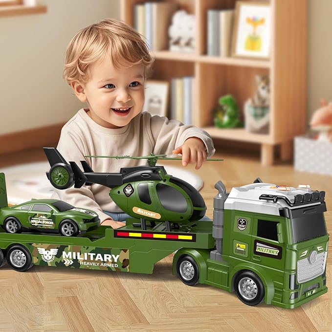 Kids Toys for Ages 3 4 5 6 7 8 Years Old Boys, 25" Large Army Semi Truck with Helicopter & Race Car, Friction Powered Vehicle with Lights & Sounds,Birthday Gift for Boys Girls