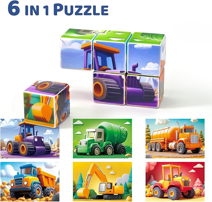 Magnetic Cubic Tiles for Kids, Large Building Blocks 1.65 inch, Engineering Construction Vehicles Puzzle Toy for Toddlers, Sensory & Montessori Magnetic Toys for Kids Ages 3 4 5 6