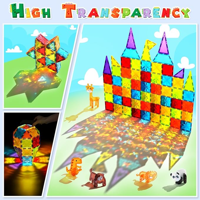 Magnetic Tiles 110PCS 3D Animals Magnet Tiles with 2 Cars Kids Magnetic Building Blocks STEM Educational Magnet Toy Construction Playboards Toys Gifts for Boys Girls Toddlers 3 4 5 6 7 8 9 Year Old