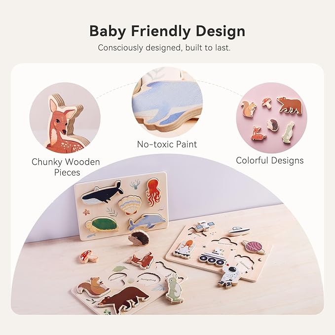 3 Packs Space Ocean Forest Wooden Chunky Puzzles for Toddlers, Wood Puzzle for Kids, Insert Puzzles Each Piece Fits Perfectly, Sturdy and Pegless, Educational Toys