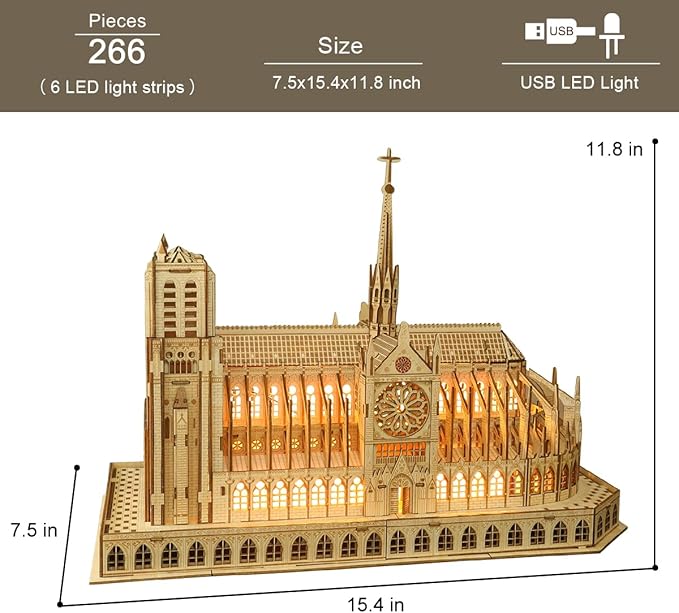 3D Wooden Puzzles for Adults,Notre Dame de Paris Church Model Kit for Adults to Build,Led Light DIY Games Gift on Birthday Christmas,Building Puzzle 266 Pcs