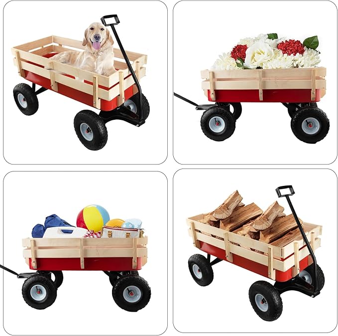 Pull Along Wagon Heavy Duty All-Terrain Cargo Wagon Outdoor Cart with Removable Wooden Side Panels,Big Tires and Wide Grip Handle for Towing Toys,Garden Tools,33x15.7x19.6 Inches