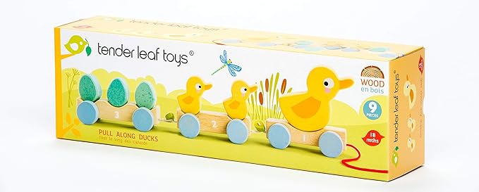 Tender Leaf Toys - Pull Along Ducks - Classic Wooden Pull Along Toy - 9pc Duck Family Set with 1 Mother Duck, 2 Baby Ducks, 3 Eggs and 3 Cars - Encourages Number Learning - 18Mths+