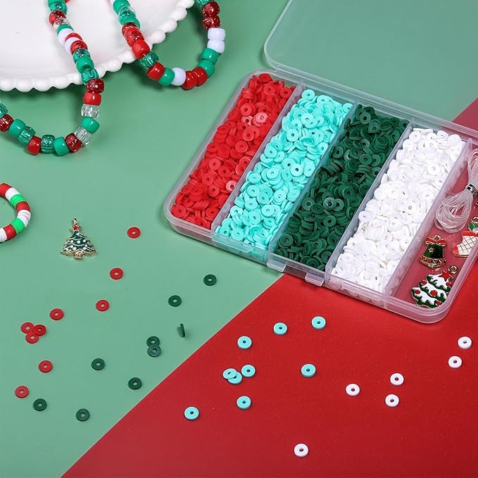 Christmas Bracelet Making Kit, 3500Pcs Clay Beads with Elastic String & 5 Random Charms, Christmas Gifts for Teens.