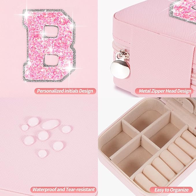 Initials Travel Jewelry Case - Bridesmaid Gifts, Wedding Day, Bachelorette Party Decorations | Pink,B