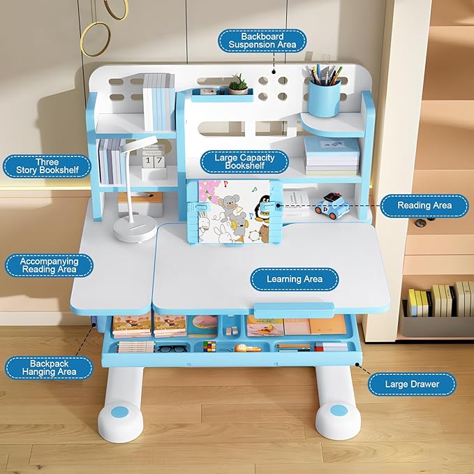 2025 NEW Kid's Study Desk and Chair Set, Ergonomic Height Adjustable Children Study Desk with Tilt Desktop, Book Stand, Light, Metal Hook and Storage Drawer,Gift for Boys Girls (Blue 119cm lean)