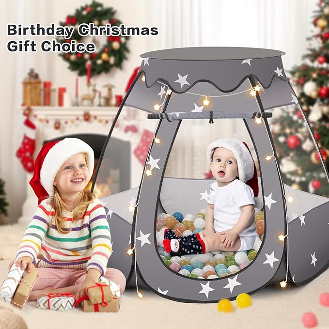 Baby Ball Pit for Toddler: with Star Lights - Pop Up Princess Play Tent for Kids - Indoor Outdoor Baby Girl Toys Birthday Gifts - NO Balls (Black Tent)
