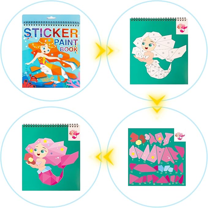 3PCS Paint by Sticker for Kids Ages 4-8, Mermaid Horse Princess Stickers for Kids Designs Sticker by Number, Activity Books Party Birthday Gifts for Boys Girls 4-10 Christmas Gifts