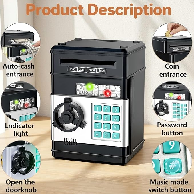Electronic Piggy Bank for Kids Ages 5-12, Password Lock ATM Safe Bank with Auto Bill Roller, Educational Money Toy, Cash Coin Savings Box for Birthday Gifts Boys & Girls 5 6 7 8 9 10