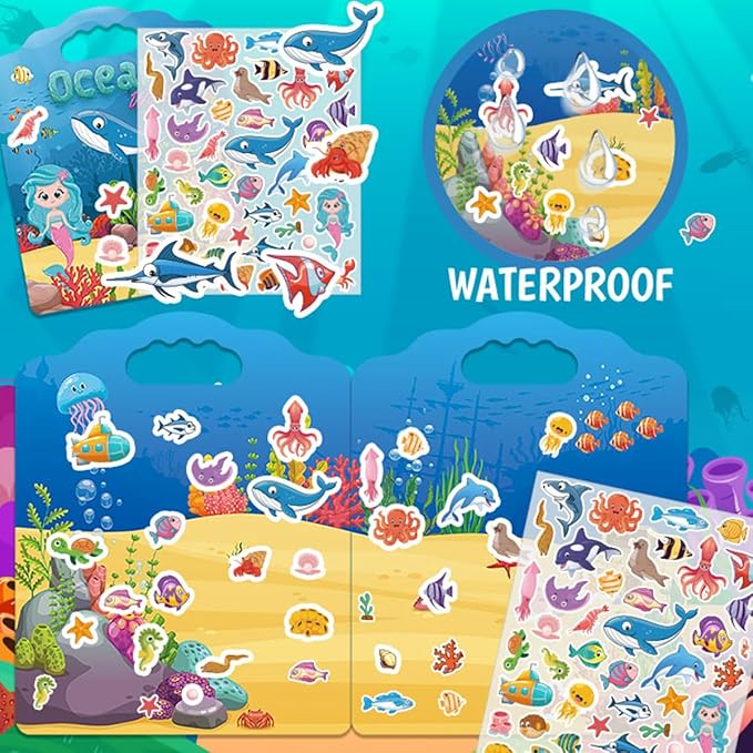 2 Set Reusable Sticker Books for Toddlers 2-4 Years, Puffy Reusable Sticker Activity Book for Kids Toddlers 1-3 Girls Boys Birthday Gifts Include Princess&Ocean