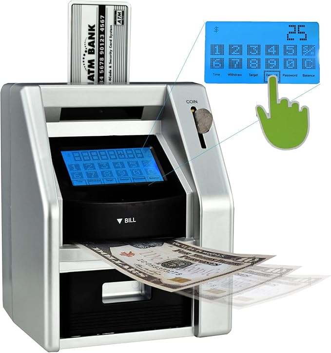 Touchscreen ATM Piggy Bank for Kids, Electronic Money Bank with Coin Counter, Card & Password, Backlit Display – Compact Savings Toy Gift for Boys & Girls Ages 6–12 (Black/Silver)