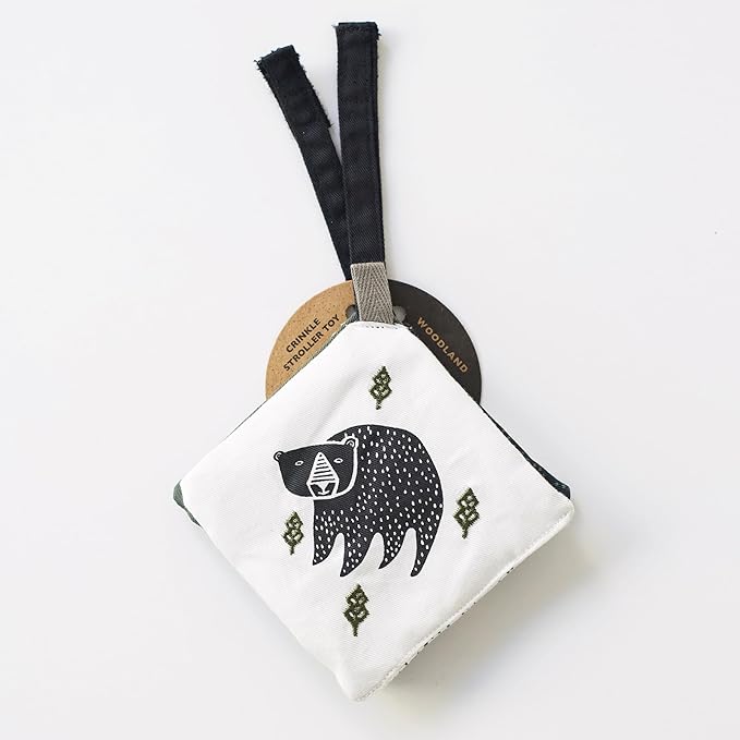 Wee Gallery Woodland Animals Crinkle Pages Stroller Toy, Sensory Hanging Crinkle Toy with Mirror for Babies, High Contrast Animal Art and Montessori Baby Item for Car Seat and Play Gym