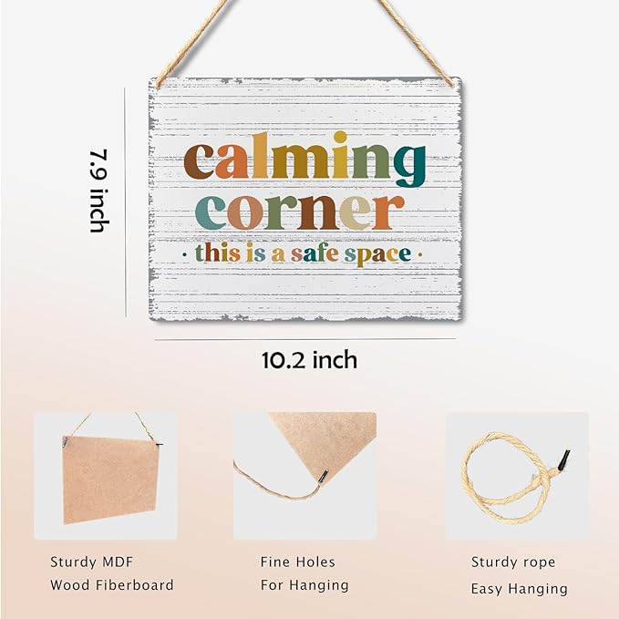 Calming Corner Hanging Wood Sign - Safe Space Classroom, School Counselor's Office, Calm Down Corner Decor - Boho Style, 10x8