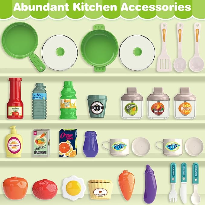 Play Kitchen Set, Kids Kitchen Playset with Realistic Sound & Light, Cooking Stove, Sink, Play Food and Accessories, 57 Pcs Kitchen Toys Gifts for Toddlers 2-4 3-5 Boys Girls (Green)