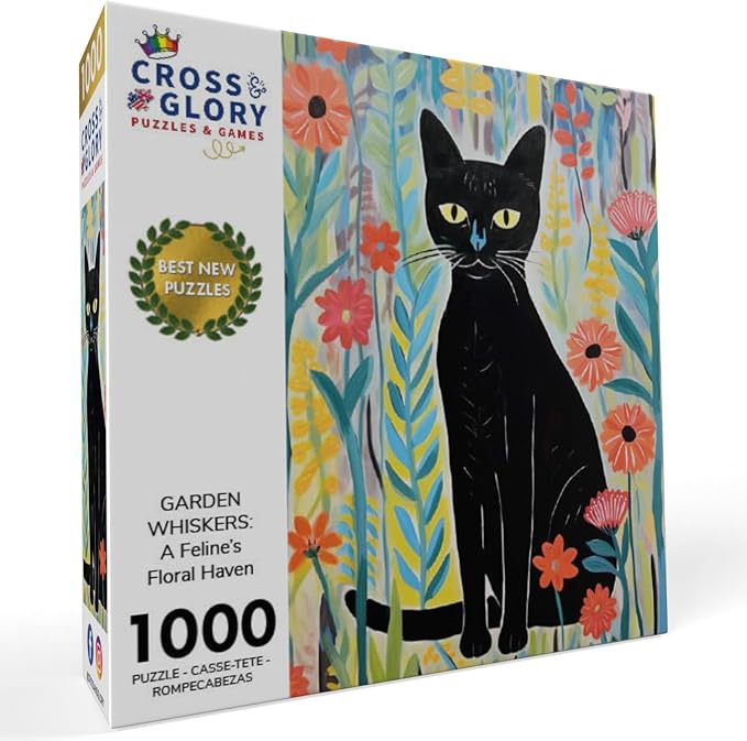 Cross & Glory - Garden Whiskers: A Feline's Floral Haven - 1000 Piece Jigsaw Puzzle for Adults | Artistic Satin Finish | Vibrant Garden Theme