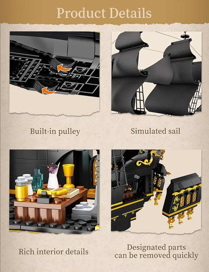 SEMKY Pirate Series Black Devil Pirate Ship MOC Building Blocks and Engineering Toy（2076 Pieces）, Pirate Ship for Kid and Fan