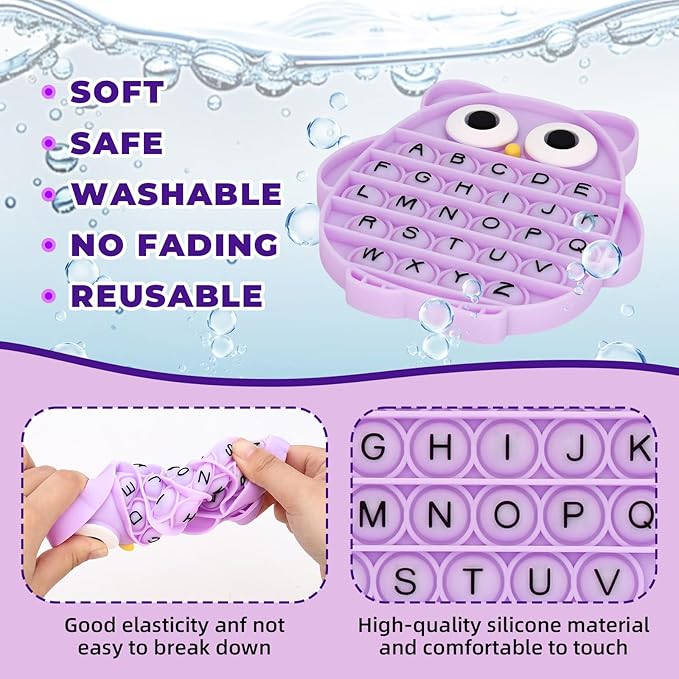 Fidget Toys for Kids, Owl Shaped Silicone Squeeze Sensory Toys, Alphabet Bubble Stress Anxiety Relief Relax Tools for Kids Adults School Classroom Gift Party Favors (Purple)