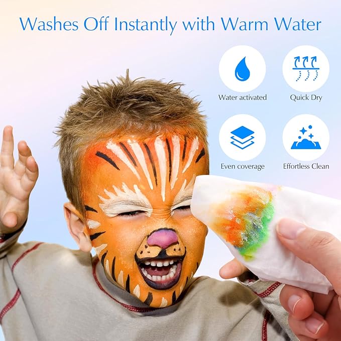 Kids Face Painting Kit, Non-Toxic Water-Activated 42 Vibrant Colors, 200 Glitter Gems & 40 Stencils & Brushes & Sponges | Gentle Face Paint Makeup Set for Halloween, Birthdays, Parties, Easy to Wash